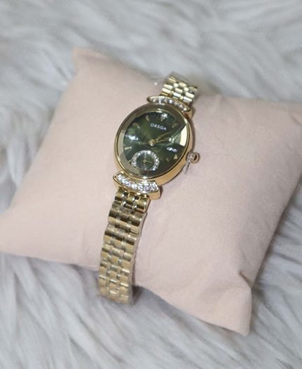 ORSGA Women's Gold-Tone Watch with Green Dial & Rhinestones